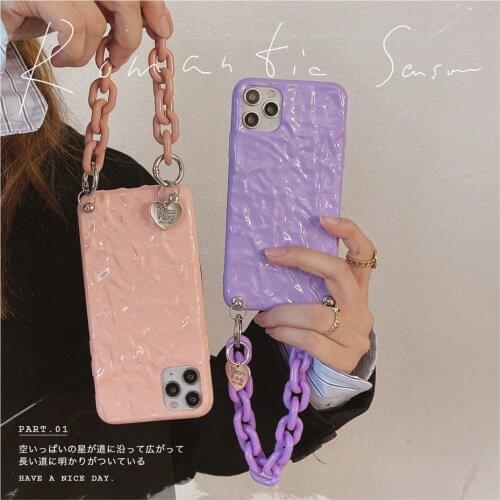 Cute 3D Tin Foil Macaron Candy Strap Chain Case for iPhone 12 11 Pro XS Max XR X 7 8 Plus Wrist Band Bracelet Soft Cover Coques