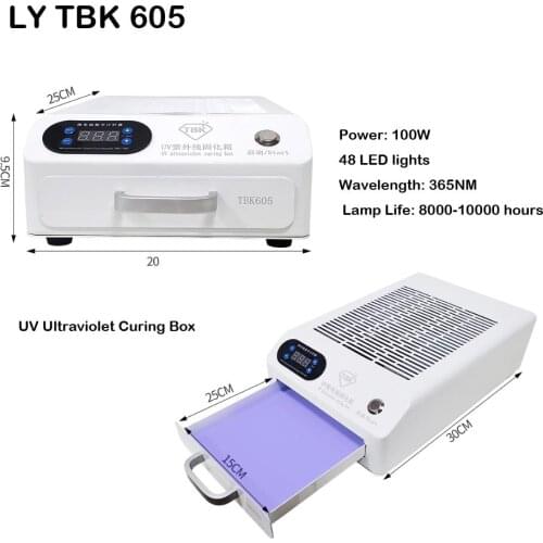 New Design TBK 605 Mini UV Ultraviolet Curing LED Box Oven 48 Pcs LED Lights 100W 110V 220V Common Use for Mobiles LCD Repairs