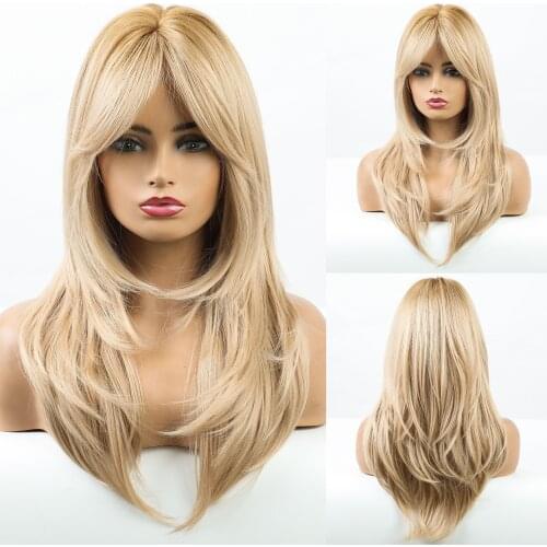 Cosplay Wig Medium Wavy Hair Natural Ombre Golden Blonde Yellow Layered Synthetic Wigs with Side Bangs for Women Heat Resistant