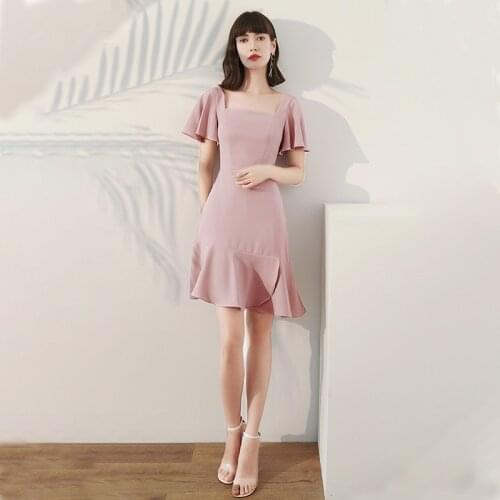 Bridesmaids Dresses Vintage Square Collar Short Knee-Length Jersey Lace A-Line Luxury Soybean Pink Women Wedding Party Gown E734