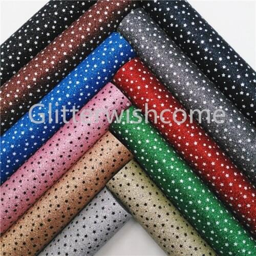 Glitterwishcome 21X29CM A4 Size Stars Printed Glitter Fabric, Glitter Leather Sheets, Leather fabric Vinyl for Bows, GM485A