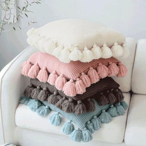 Knitted Cushion Cover With Tassels Pure color Pink Boho Fringe Accent Pillow Case 45x45cm Home sofa Decorative drop shippng
