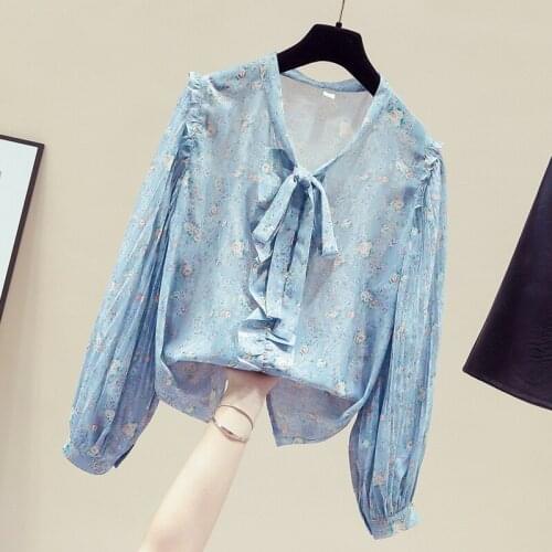 Blouse Women Long Sleeve Bow V-Neck Print Chiffon Blouse Shirt Blusa Tops Women Blusas Mujer De Moda 2021 Women Clothing D910