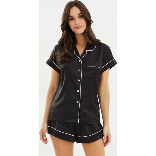 Women Ladies Pajamas Sets Summer Casual Silk Satin Button Short Sleeve Sleepwear Shirt+Pants Black Blue Homewear Nightwear