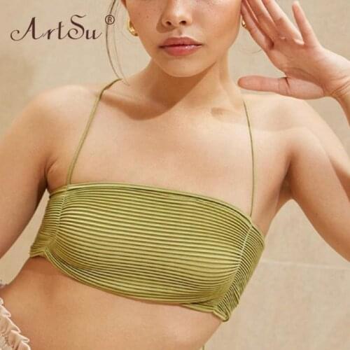 ArtSu Purple Green Fashion Tube Top Women Strapless Multiway Bandage Satin Club Party Sexy Crop Top 2021 Summer Tank Top