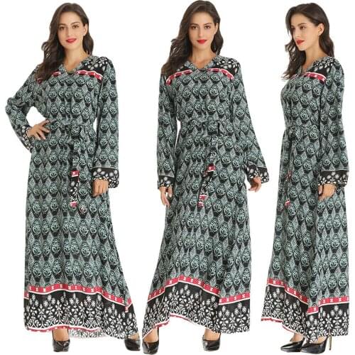 Abaya Women Muslim Long Sleeve Maxi Dress Printed Floral Kaftan Arab Casual Loose Islamic Robes Belt Dubai Jilbab Ramadan Gown