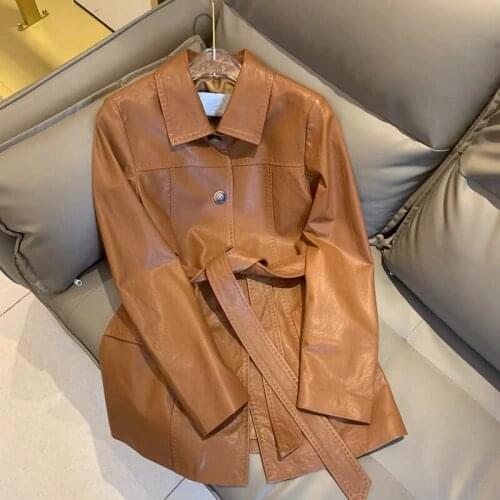 European Style Women Coats Fashion 100% Sheepskin Genuine Leather Long Real Sheepskin Windcoat Female Double Breasted Coat H724