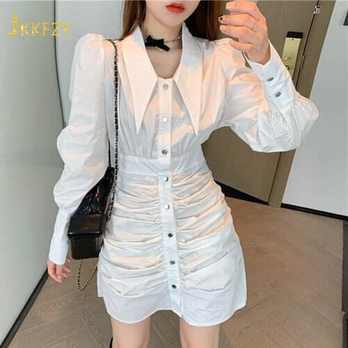 Womens Spring Retro Puff Sleeve Shirt Dress Ladies Waist Slimming Fashion Pleated Short Dress