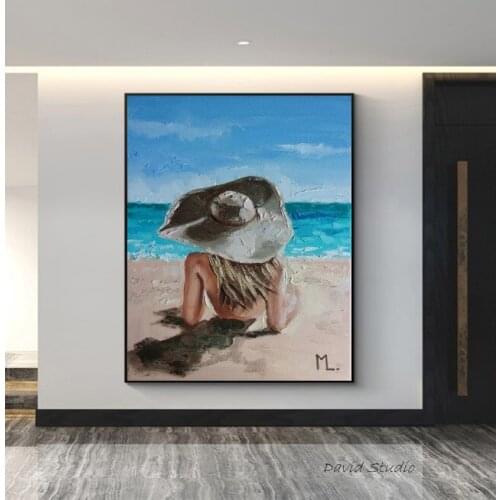 100%Hand Painted Modern impressist Artwork Worth Girl and Seascape Keeping Thinkness Oil Painting On Canvas For Wall Decoration