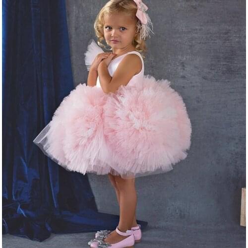 2021 Blush pink Puffy tulle Ruffles flower girl dresses for party birthday knee length baby 1st birthday gown with headpiece