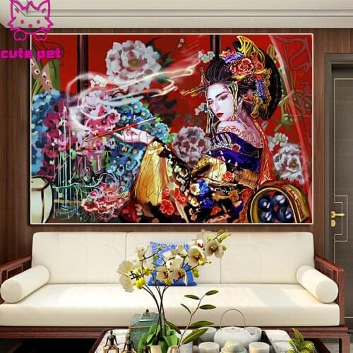 5D DIY Diamond Painting Japanese woman geisha Full Square Round Drill Embroidery Cross Stitch queen of flowers gift Decor mosaic