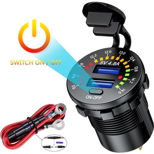 Dual USB Waterproof Car Charger 4.8A 5V LED Voltage Meter with Switch On Off Phone Power Charger Car USB Socket for Boat Truck