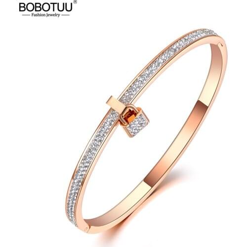 BOBOTUU Trendy Clay Pave Setting Crystal Lock Charm Bracelet Bangle For Women Stainless Steel Bracelet For Birthday Gift BB20024