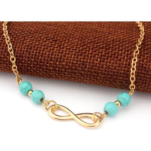 Anklets Green Stone Beads Gold 8 Character Accessories Unisex Feet Jewelry Wholesale 10pcs