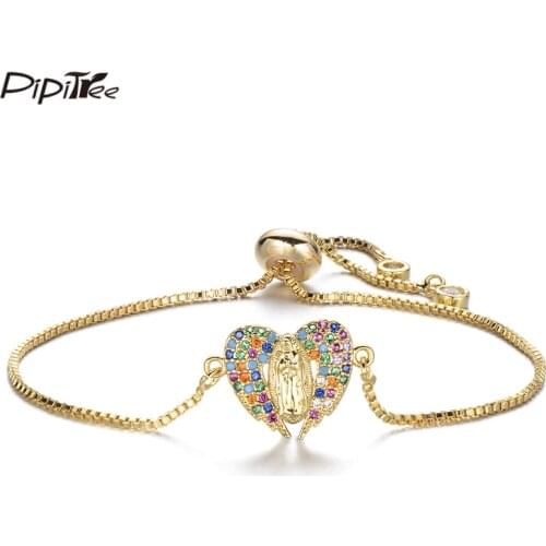 Pipitree Angel Wings Virgin Mary Bracelet Religious Adjustable Slider Chain Multicolor Cubic Zirconia Bracelets Women Jewelry