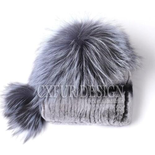 CX-C-116C Furry Fox Top Winter Wholesale Knit Beanie Rex Rabbit Fur Ladies Elegant Hats