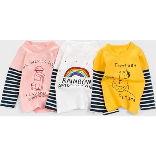 Childrens Long-Sleeved Home Clothes Soft And Comfortable Color Matching Striped Cartoon Cute Girl Tops 2-8 Years Old