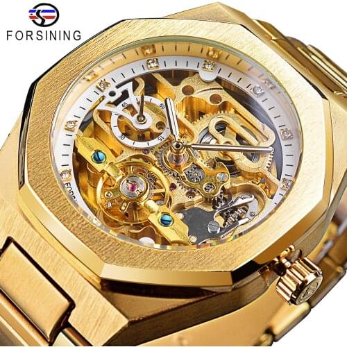 Forsining Mechanical Mens Wrist Watches Luxury Design Skeleton Automatic Watch Stainless Steel Gold Men Analog Clock Waterproof