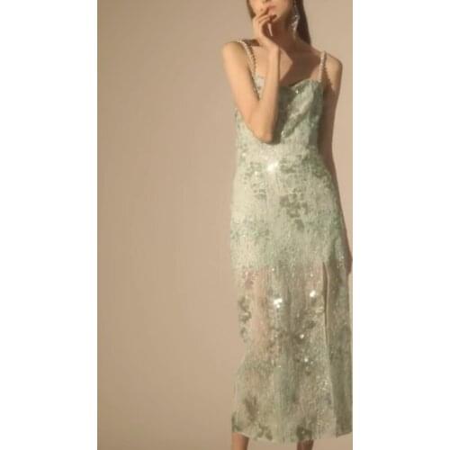 Gradient dress New mermaid bead piece heavy industry through green sequins split with shoulder straps female