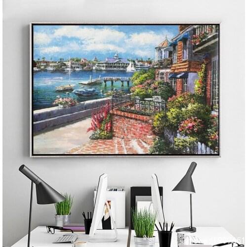 Cotton no frame Mediterranean blue sea city house canvas printings oil painting printed on cotton wall art decoration pictures