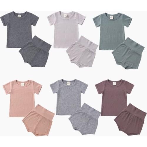 2021 Toddler Baby Boys Girls Summer Clothing Newborn Kids Baby Girls Ribbed Knitted Short Sleeve T-shirts+Shorts Tracksuits Sets