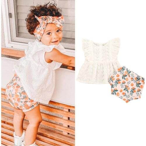 Cute Summer Fashion Baby Girls Two-piece Clothes Set White Solid Color Fly Sleeves Cotton Lace Tops+Shorts Infant Newborn Set