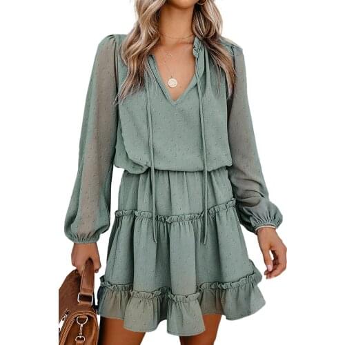 Green Swiss Dot Bubble Sleeve Ruffle Mini Dress Women Sexy Spilt V Neck Sheer Bubble Sleeves A Line Summer Autumn Beach Dresses