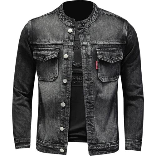 Men Denim Jacket Black Fashion Casual Cotton Stand Collar Long Sleeve Slim Clothes Motorcycle Cowboy Jeans Coat Male Brand