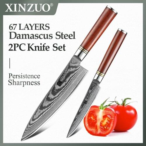 XINZUO 2 PCS Kitchen Knife Set Damascus Steel Chef Utility Knives Stainless Steel Super Sharp Kitchen Cutlery Rosewood Handle