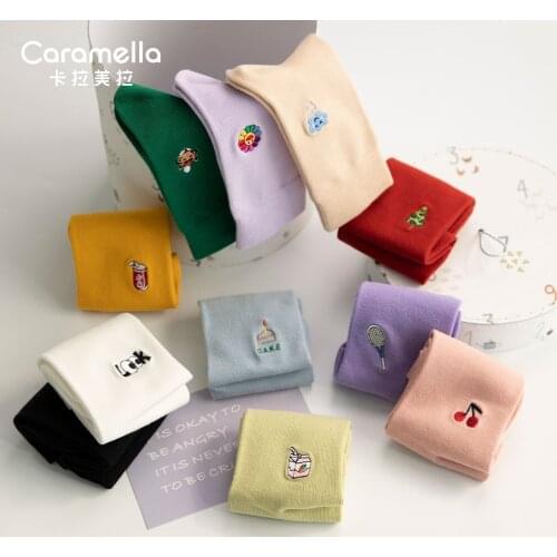 Caramella Womens Embroidery Pure Color Cotton Socks Girls AB Socks Cartoon Style Bear Cherry Dear Pattern Mid-tube Socks
