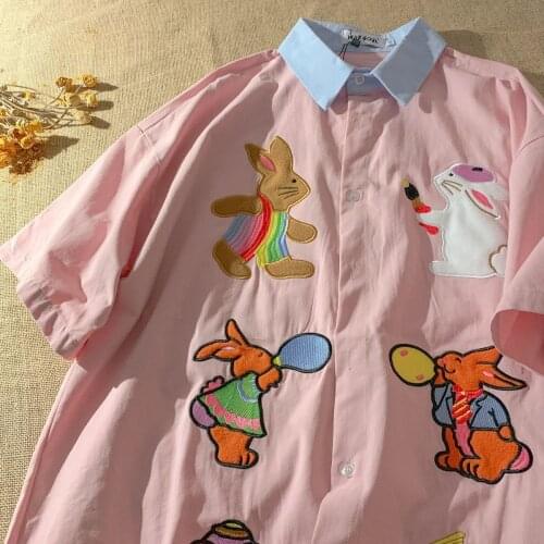 Hip Hop Rabbit Embroidery Shirts Women Cool Harajuku Funny Shirt Oversize Casual Shirts Fashion Korean Summer Pink Shirt Girls