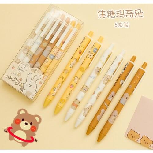 6pcs/Set Press Gel Pens Cartoon Cute Bear 0.5mm Balck Ink Gel Pen Signing Pen Office School Stationery Supply