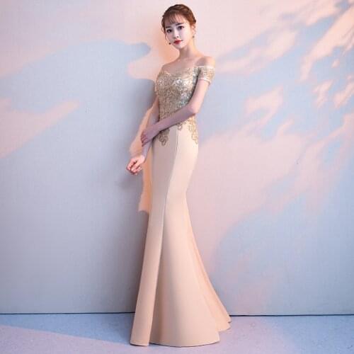 Sexy Off Shoulder Dress Appliques Chinese style evening dress Improved Fishtail Cheongsam Full Length Gowns Size XS-3XL