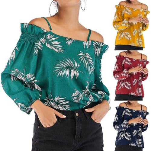 Sling Celebrity streetwear Sling chiffon shirt off-shoulder long-sleeved shirt women summer female clothes Printing