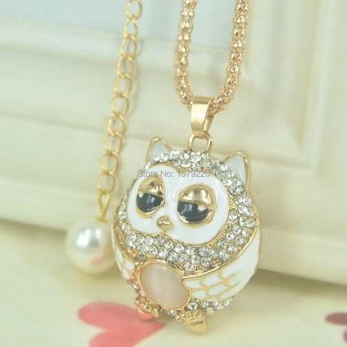 XL New Owl Bead Sweater Necklace Women Jewelry Long Pendant Necklace Crystal Rhinestone Chain Christmars Valentines Day Gift