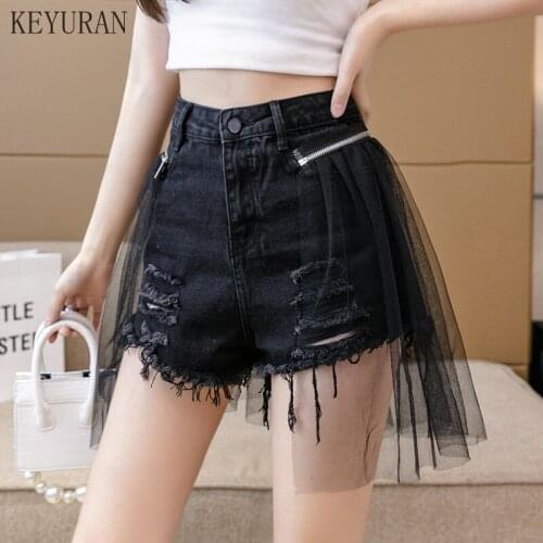Women Denim Shorts Patchwork High Waist Slim Summer A-Line Hole Jeans Shorts Feminino Chic Ladies Bottom With Mesh Detachable