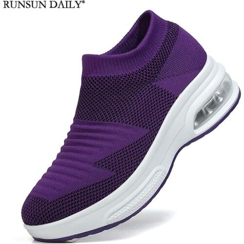 Walking Shoes Women Breathable Chunky Sneakers Slip-on Air Cushion Lightweight Outdoor Leisure Lazy Footwear