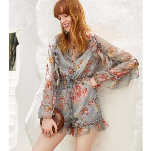 AEL Retro Floral Chiffon Jumpsuit Woman Summer Pleated Romper Women Shorts Corset Waist Jumpsuits 2019 Fashion Ladies