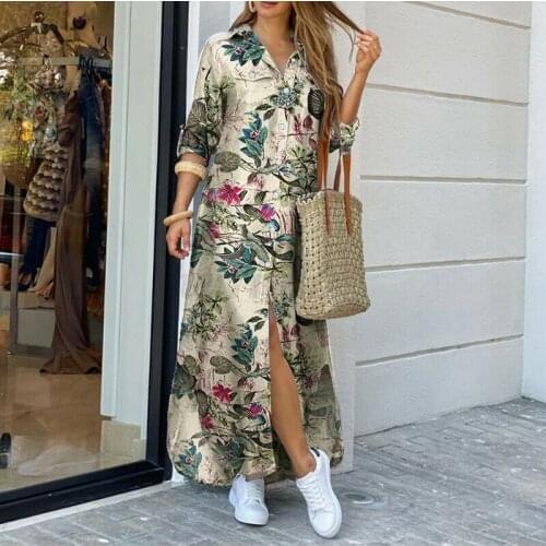 Casual Women Long Sleeve Autumn Vintage Print Long Shirt Dress Ladies Loose Fashion Vestido 2021 Polo Collar Female Maxi Dresses