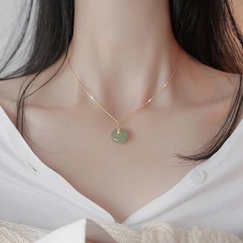 Elegant Chic Green Jade Emerald Gemstones Pendant Necklaces for Women Girl 14k Gold Color Choker Jewelry Bijoux Lucky Accessory