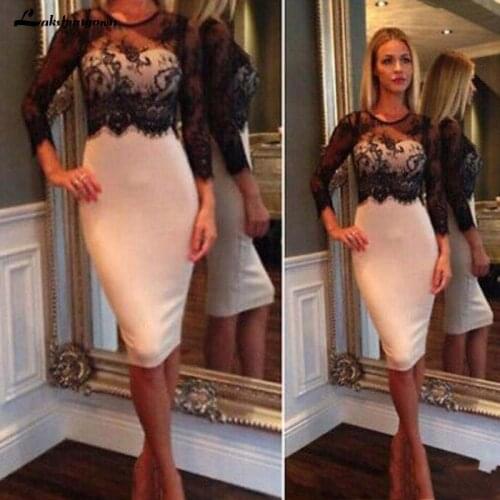 Fashion Women Formal Gowns Mother Dress Custom Size Knee Length Black Lace Cocktail Dresses Three Quarter Sleeve Jewel Neck