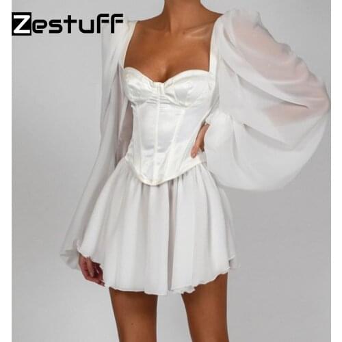 Zestuff Female Cute Corset Lantern Sleeve Mini Dress Sexy Kawaii Outfits Women Clothing Summer Party Streetwear White Dress