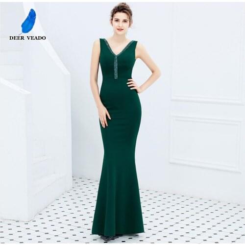 DEERVEADO Sexy Backless V Neck Beading Evening Dress Formal Dress Mermaid Party Dresses Long Evening Gown Robe De Soiree K16028