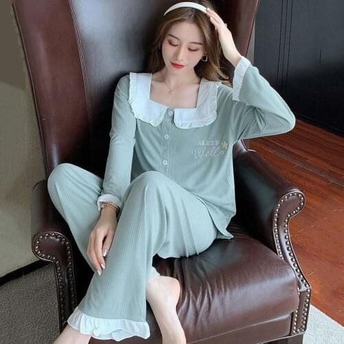 Lactation Homewear Cotton 2PCS Pajamas Suit Pregnant Women Sweet Ruffles Pyjama Autumn Loose Sleepwear M-3XL Big Size Nightwear