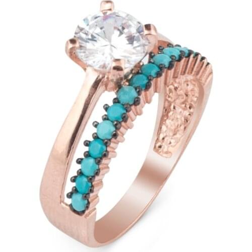 925 Sterling Silver Solitaire Ring with Single Line Half Round Turquoise Stone