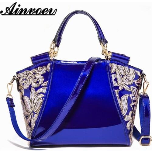 Ainvoev Smooth PU Leather Luxury Brand Handbags Sequins Paint Bag High Quality Women Embroidered Glossy Shoulder Bags Designer