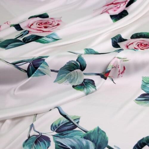 White rose flowers printed polyester soft hang satin fabric for dress DIY Patchwork sewing cloth imitate silk tissus au metre
