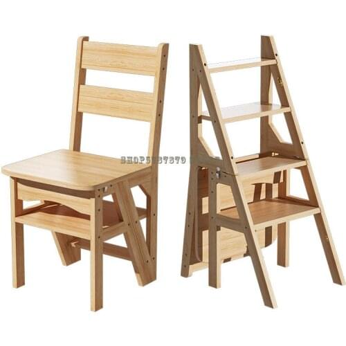 Household Multifunctional Ladder Stool Folding Stair Chair Indoor Dual Purpose Step Stool Changing Ladder Solid Wood Climbing St