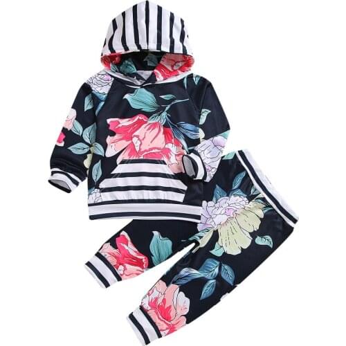 Kid Baby Girl Clothes Set Floral Print Hooded Tops+Pant Long Sleeve Bebe Girl Children Clothes Set
