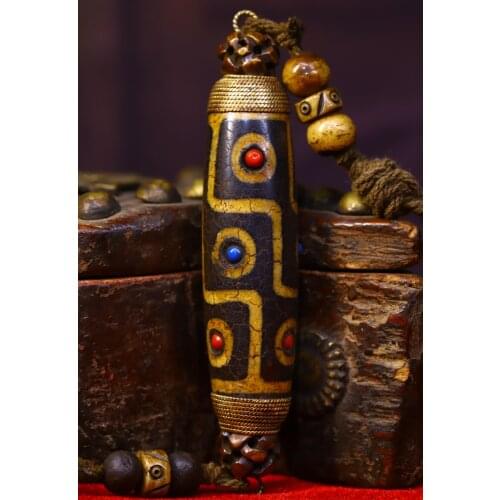 Home Decor 4" Tibet Buddhism Old Natural agate mosaic Gem Filigree 3 eyes Dzi Bead Pendant Town House Exorcism